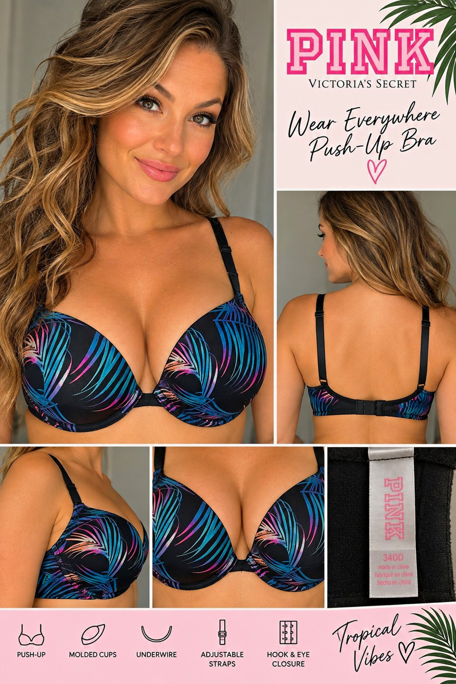 Victoria’s Secret PINK 34DD Wear Everywhere Push Up Bra Tropical Palm Black